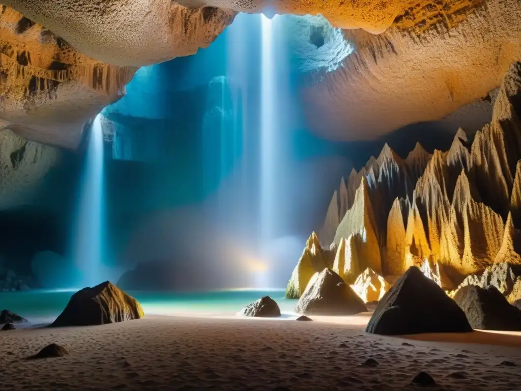 Maravillas geológicas en Grutas del Palacio, Uruguay Explora la geología impresionante de las Grutas del Palacio en Uruguay, con estalactitas y estalagmitas brillantes