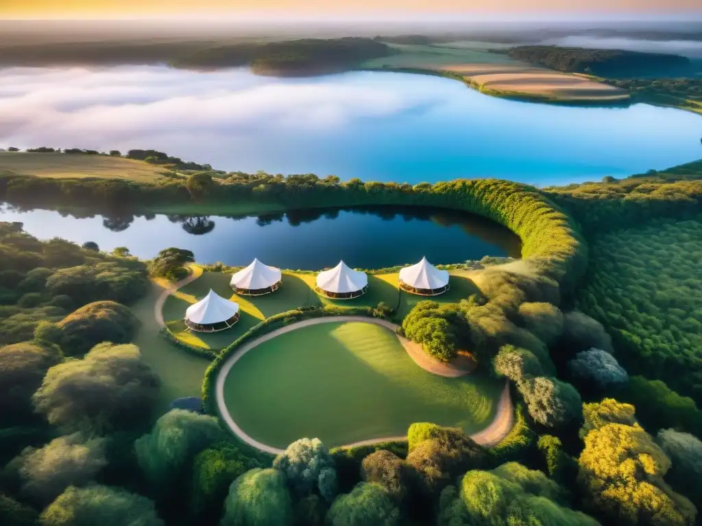 Glamping de lujo en Uruguay: oasis de tranquilidad entre colinas Glamping en Uruguay: reserva anticipada en un lujoso sitio entre colinas, carpas de lujo y naturaleza exuberante junto a un lago al atardecer
