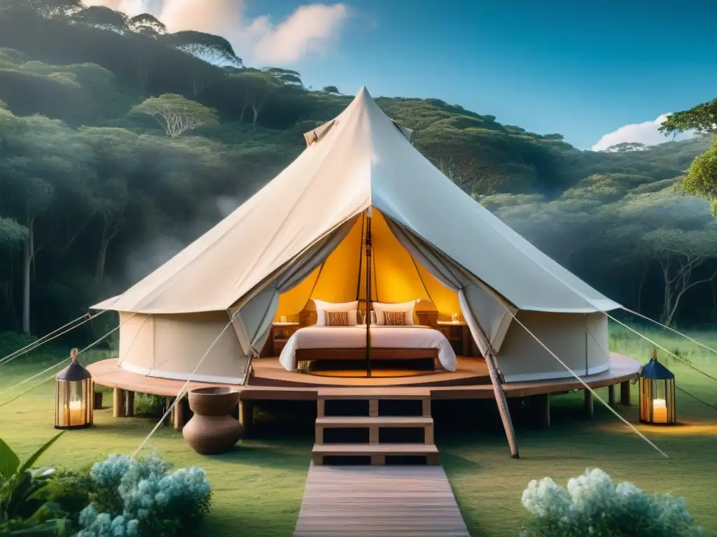 Glamping de lujo en Uruguay: tienda ecofriendly en bosque exuberante Glamping ecológico en Uruguay: Tienda lujosa en bosque verde, amueblada con materiales sostenibles y rodeada de naturaleza serena