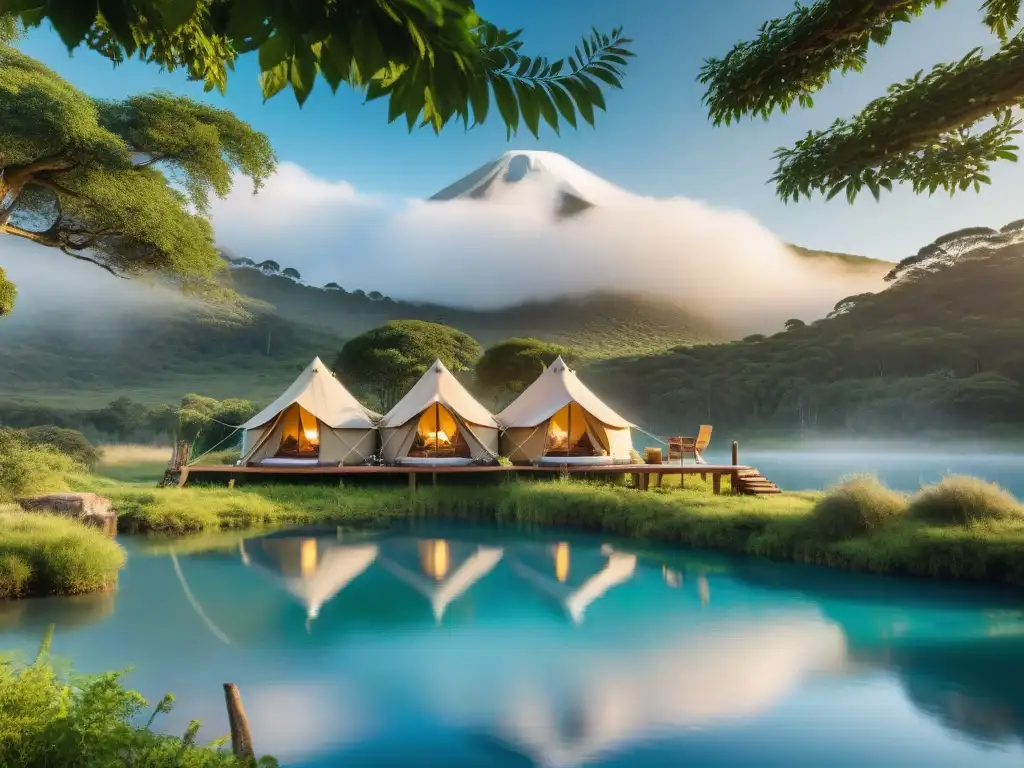 Glamping sostenible en Uruguay: lujo eco en armonía con la naturaleza Un rincón de glamping ecológico en Uruguay: tiendas entre vegetación, paneles solares brillando, pareja disfrutando café junto al lago