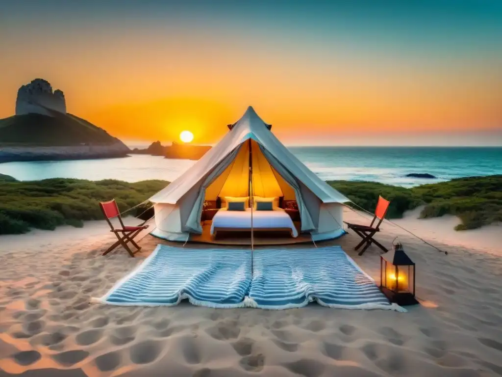 Tienda de lujo en la playa de Uruguay al atardecer Glamping económico en Uruguay: tienda de lujo en playa pintoresca al atardecer, ambiente cálido y acogedor