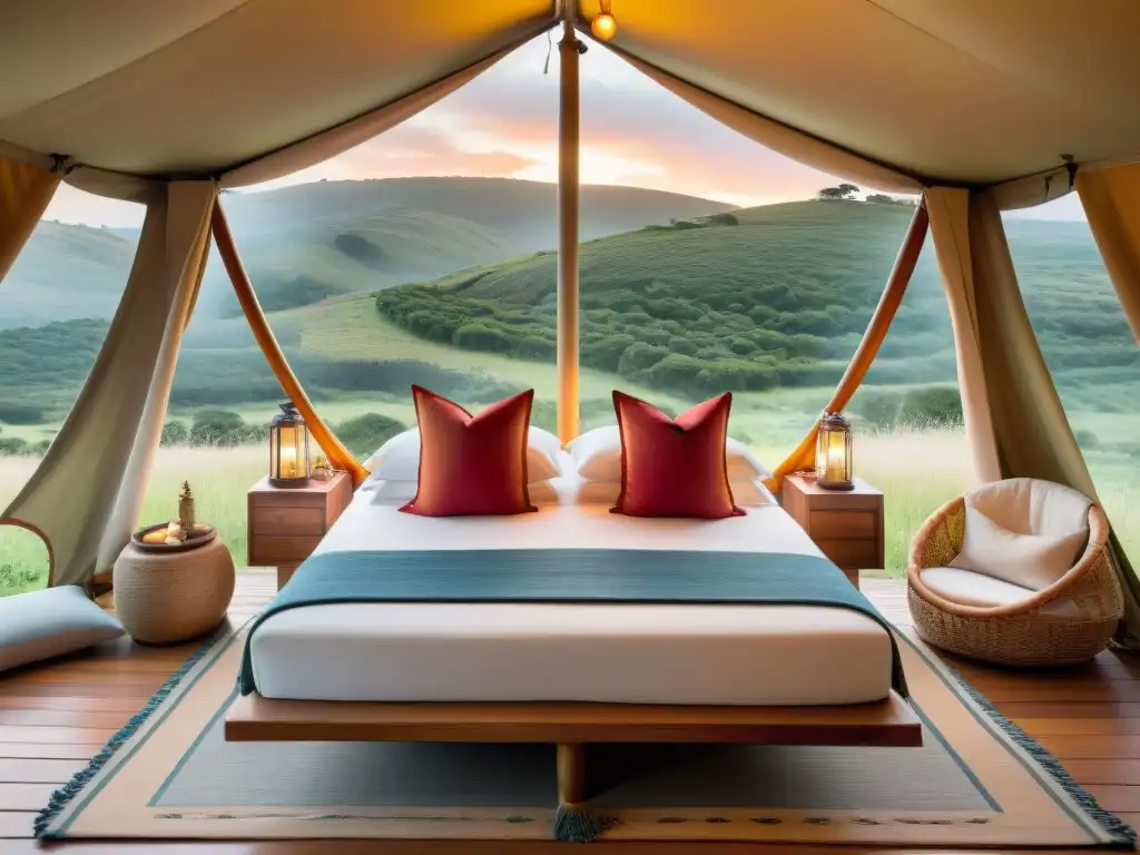 Tienda de lujo en Uruguay: glamping con vistas al atardecer Glamping de lujo en Uruguay: detallada vista de una tienda elegante con textiles y mobiliario artesanal, iluminada por una cálida puesta de sol