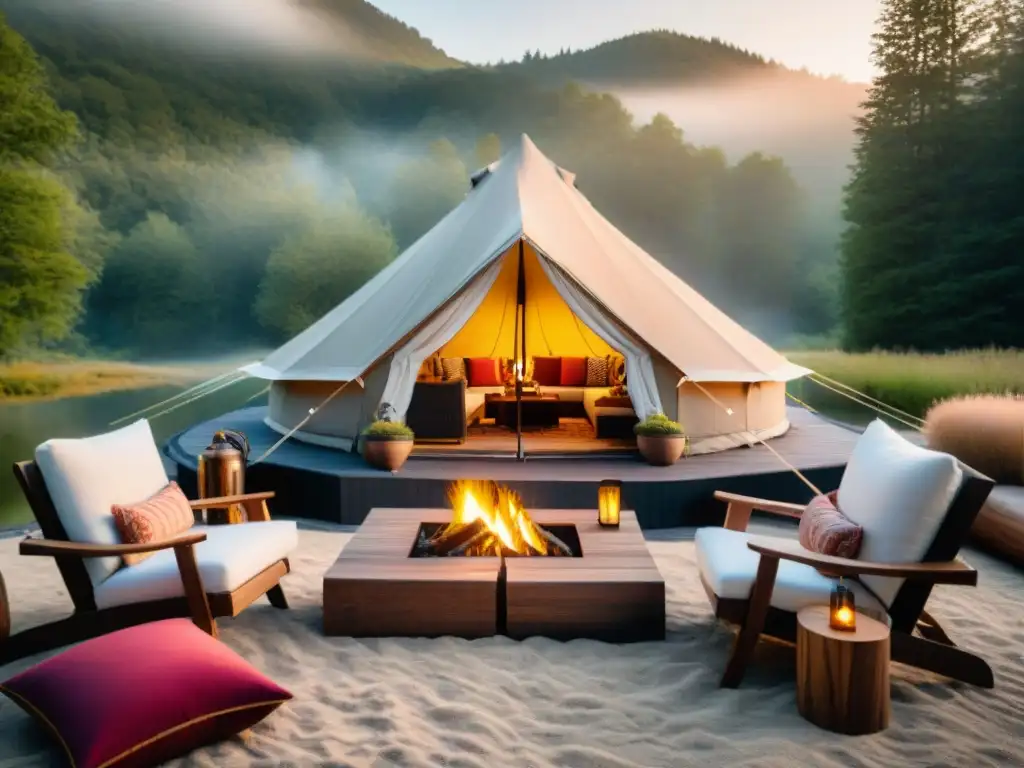 Glamping de lujo: Lounge bohemio, comedor elegante y chimenea rústica al atardecer Un rincón de glamping de lujo con mobiliario temático: lounge bohemio, comedor elegante y chimenea rústica al atardecer