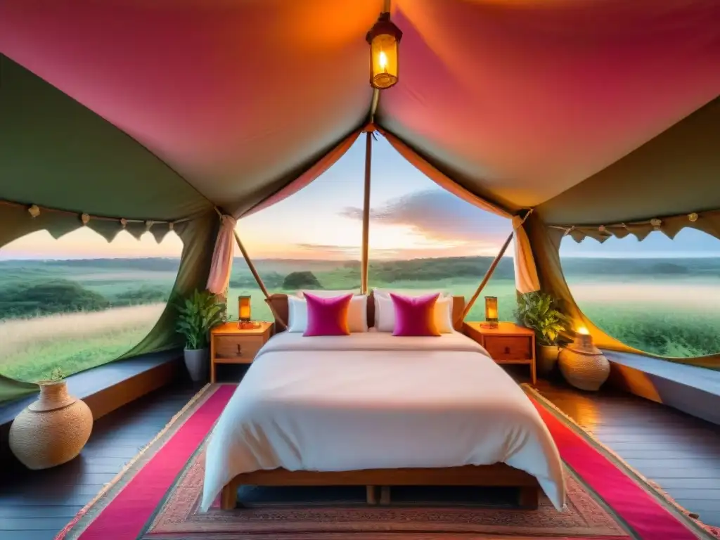 Tienda de glamping de lujo al atardecer en Uruguay Glamping de lujo en Uruguay: tienda elegante decorada al atardecer, rodeada de naturaleza exuberante