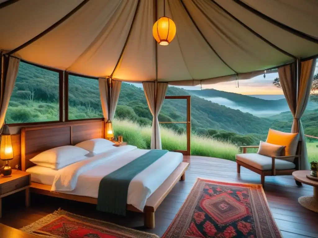 Glamping de lujo en bosque uruguayo Glamping de lujo en Uruguay: tienda elegante en el bosque, cama queen, mesa rústica y farolillo al atardecer