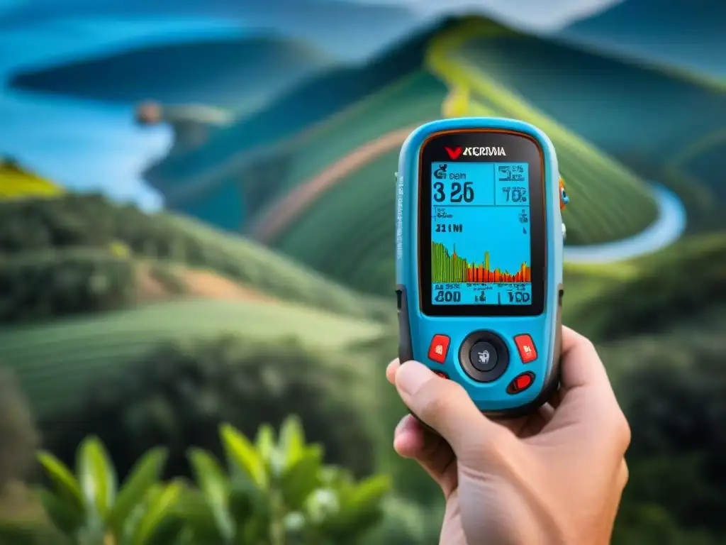 GPS de alta resolución con mapa topográfico de Uruguay en pantalla Un GPS para camping en Uruguay muestra detalle topográfico en pantalla, rodeado de exuberante naturaleza y cielo azul