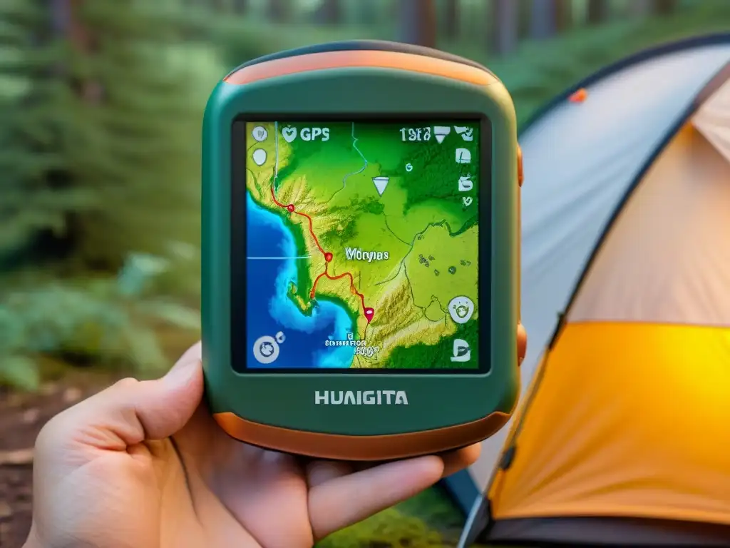 GPS de aventura: mapas detallados de Uruguay para acampar Un GPS para camping en Uruguay muestra un mapa topográfico detallado, waypoints de campings y clima en tiempo real