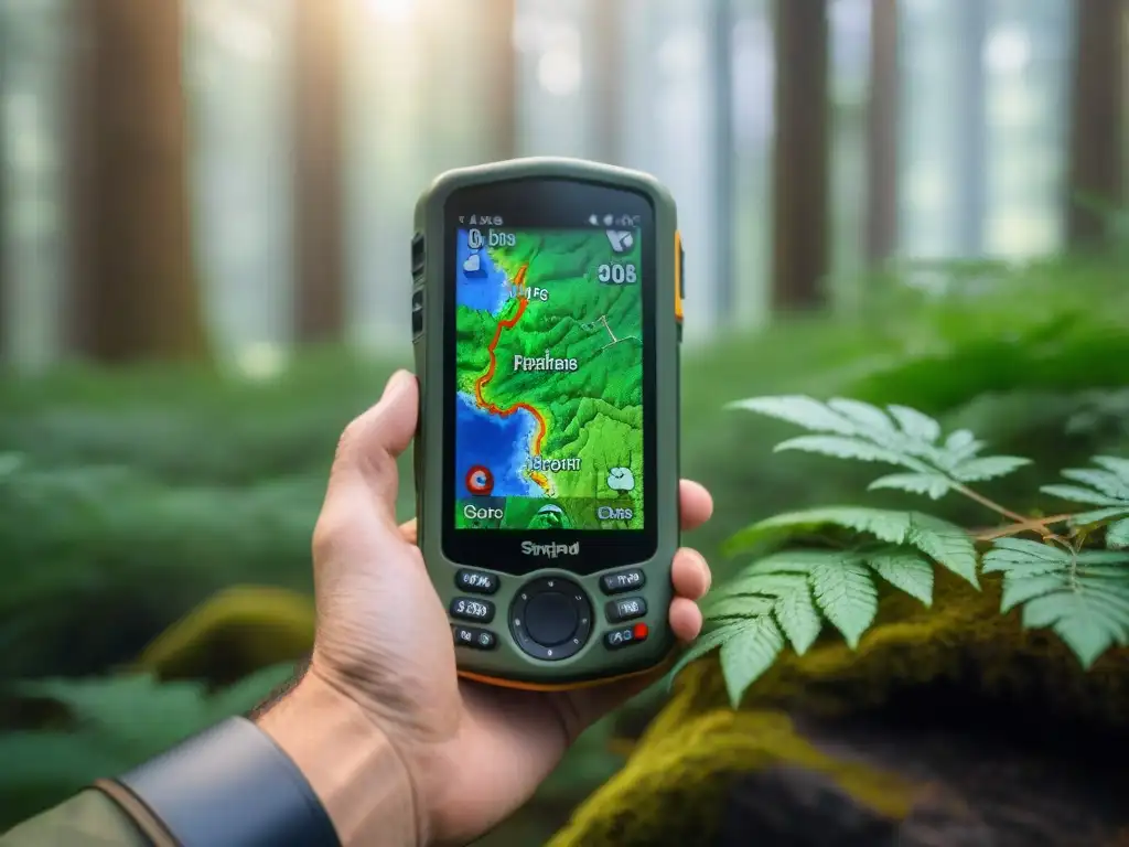 GPS resistente para exploradores expertos en bosques remotos Un GPS resistente mostrando funciones ocultas para campistas expertos en áreas remotas del bosque