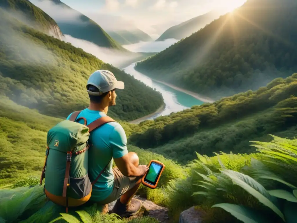 Explorador ajustando GPS en bosque exuberante Hiker ajustando GPS en bosque verde con consejos para maximizar batería GPS