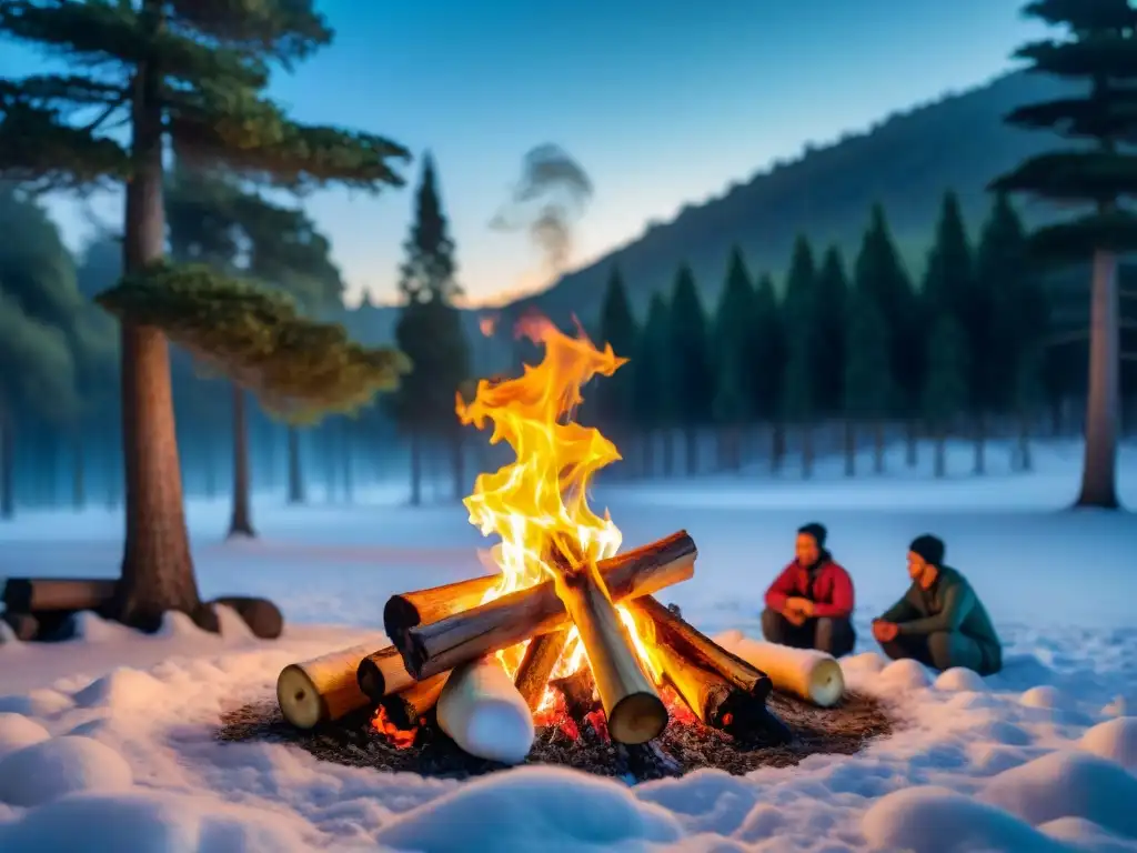Campamento invernal bajo las estrellas en Uruguay Grupo de acampantes asando malvaviscos sobre fogata invernal en Uruguay, rodeados de pinos nevados bajo el cielo nocturno