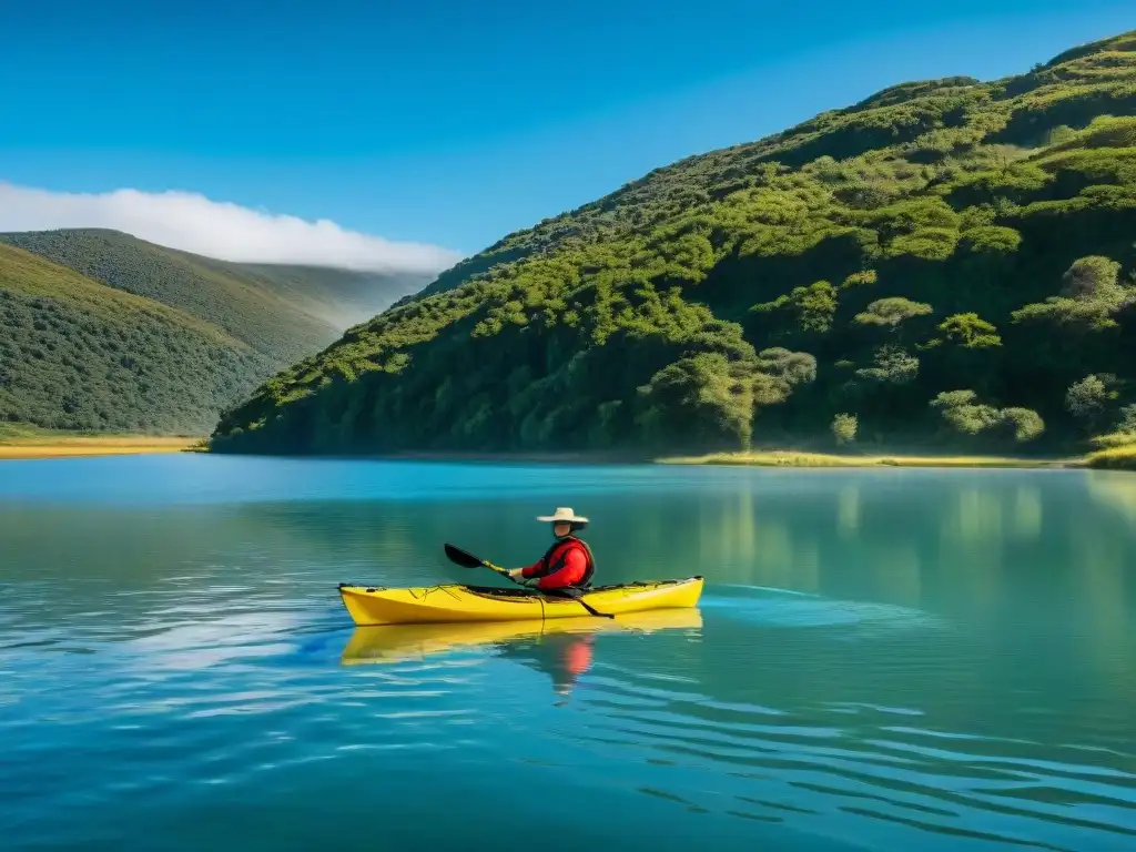 Kayakers explorando Laguna Garzón: aventura y serenidad Un grupo de kayaks cortando las aguas serenas de Laguna Garzón, rodeados de exuberante vegetación y cielo azul