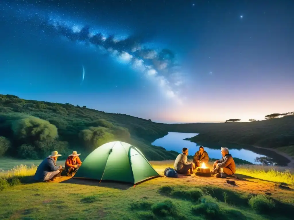 Camping económico en Uruguay: convivencia y naturaleza bajo las estrellas Grupo alegre de campistas montando tiendas bajo un cielo estrellado en un campamento verde en Uruguay