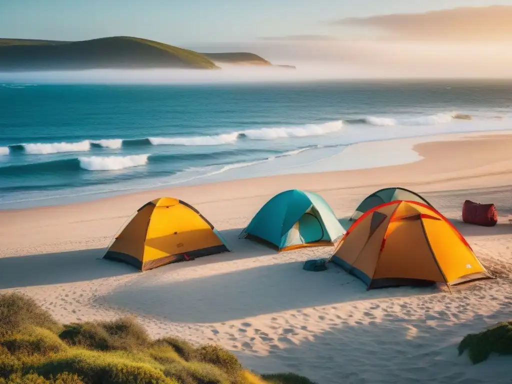 Amanecer mágico: Camping en la playa de Uruguay Grupo de amigos disfrutando de un amanecer en la playa de Uruguay con tiendas coloridas, fogata y olas del mar
