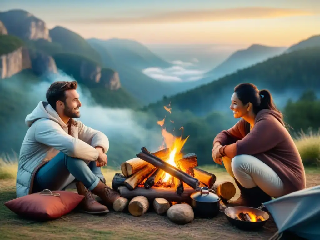 Amigos disfrutando un asado alrededor de la fogata en el campamento Un grupo de amigos disfrutando de un asado alrededor de una fogata en el camping al anochecer