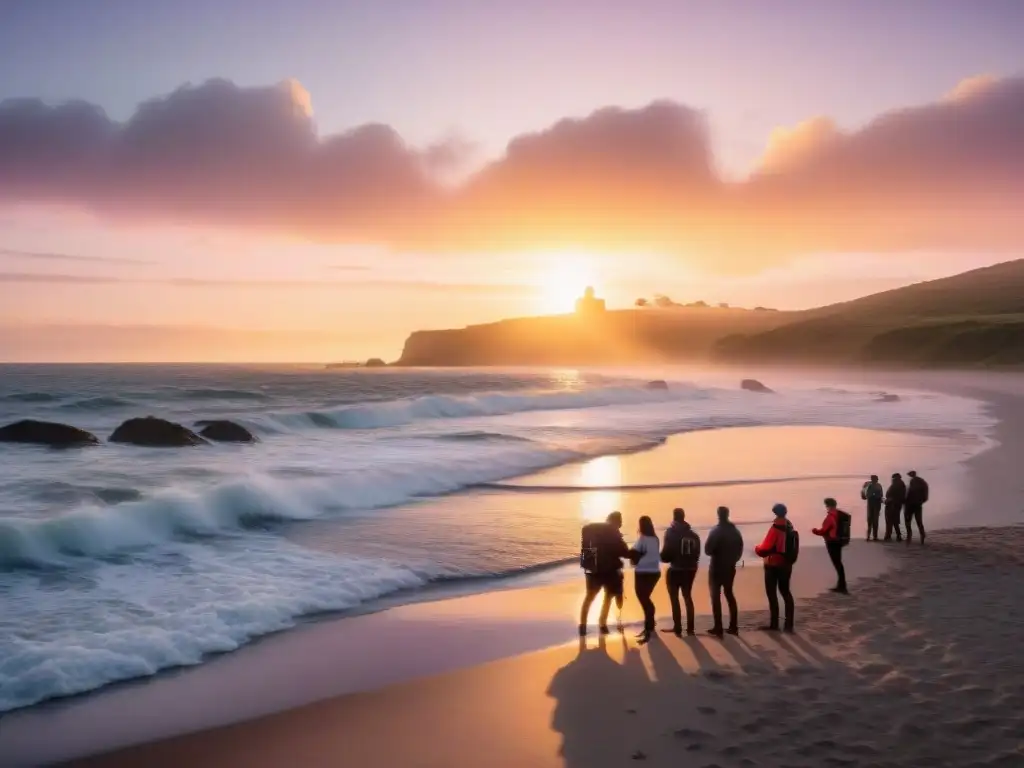 Espectacular atardecer en La Paloma Beach: amigos preparándose para la aventura nocturna y la fotografía bajo las estrellas Grupo de amigos preparando cámaras acuáticas en La Paloma Beach para noche de estrellas