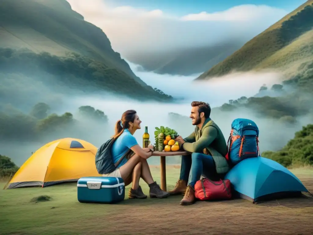 Amigos felices acampando en bosque uruguayo con nevera portátil Un grupo de amigos disfruta de un campamento en los bosques de Uruguay, con neveras portátiles para camping