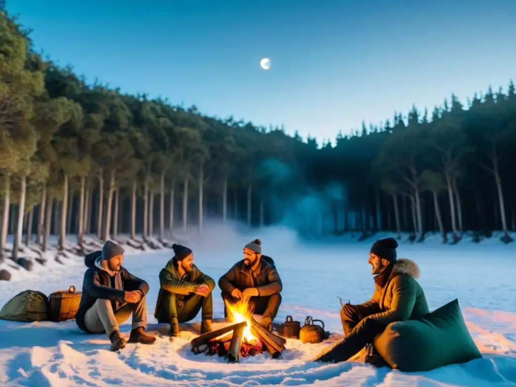 Noche de campamento entre amigos en Uruguay Grupo de amigos disfrutando de un campamento en invierno en Uruguay alrededor de una fogata en un bosque nevado