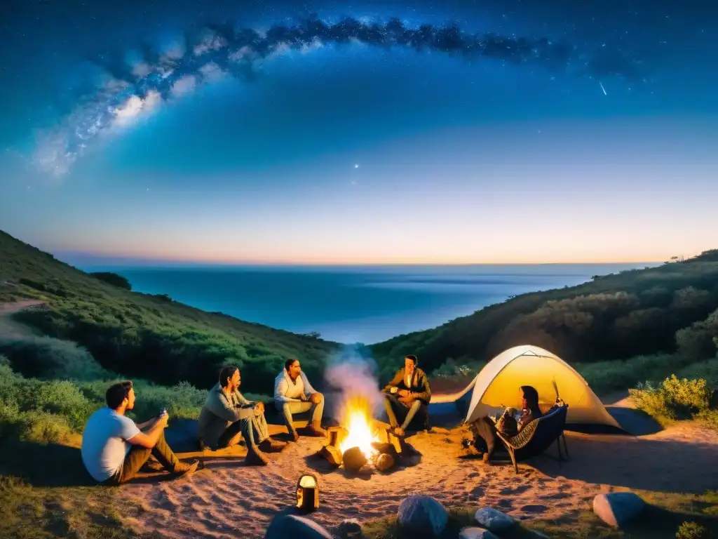 Campamento tranquilo en Uruguay: amigos, fogata y naturaleza Grupo de amigos disfrutando de un campamento en Uruguay al anochecer, con tienda iluminada, fogata y sillas, bajo un cielo estrellado