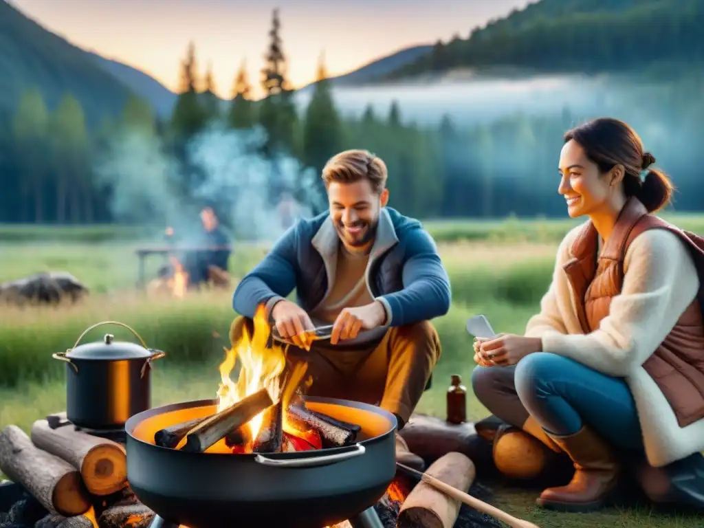 Noche de camping con amigos: ambiente cálido y cocina al aire libre Un grupo de amigos cocina juntos al aire libre en un camping, con una hoguera brillante bajo un cielo estrellado