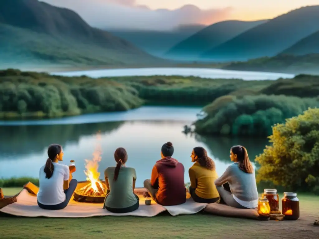 Cena de amigos con conservas caseras en camping de Uruguay Un grupo de amigos disfrutando conservas caseras alrededor de una fogata en un camping de Uruguay, rodeados de naturaleza