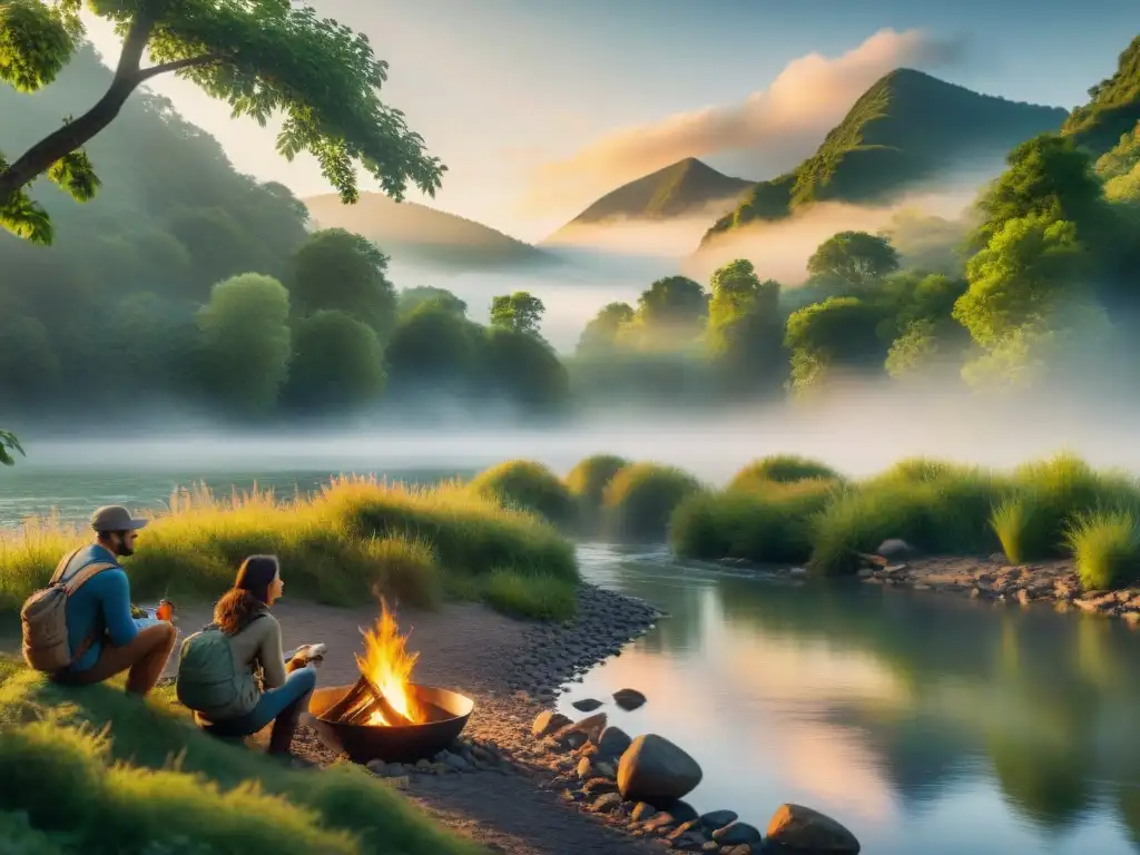 Campamento junto al río al atardecer: amigos preparando pesca Grupo de amigos preparando equipo de pesca en un campamento junto al río al atardecer, reflejando la calidez del sol