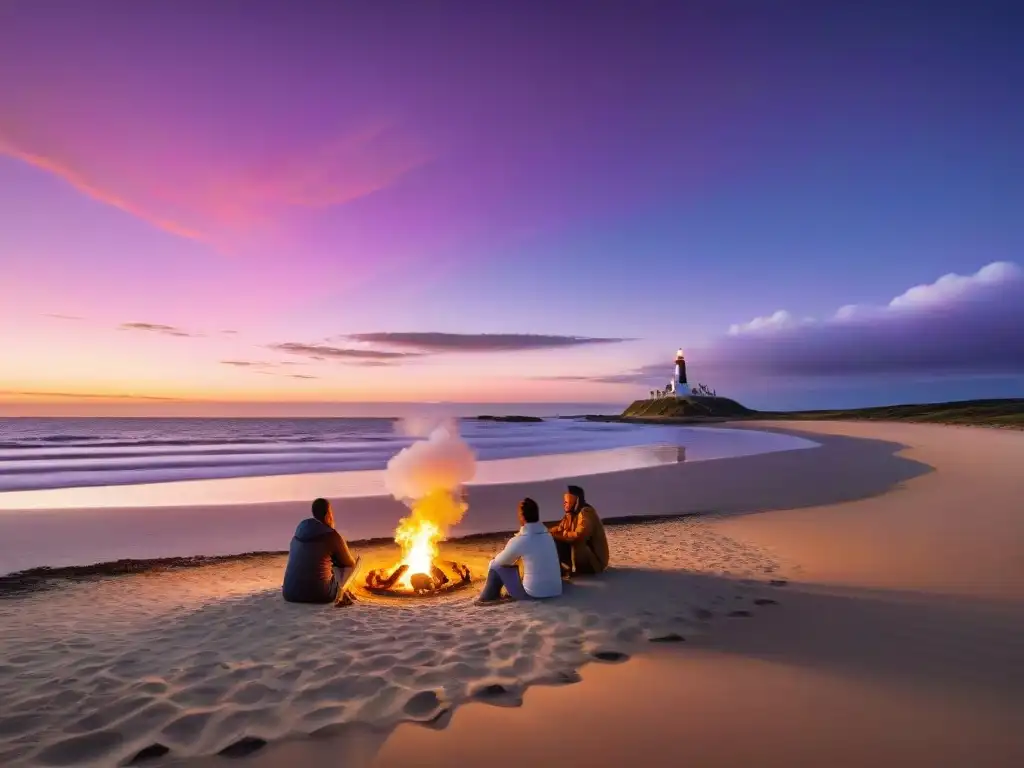 Atardecer mágico en Cabo Polonio: amigos, fogata y el faro Grupo de amigos disfrutando de una fogata al atardecer en Cabo Polonio, una de las mejores playas para acampar en Uruguay