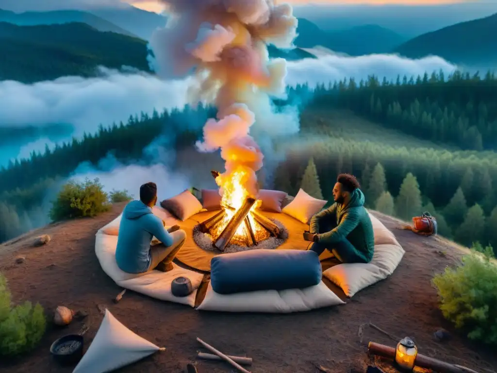 Amigos en fogata: aventura y tecnología en el bosque Grupo de amigos alrededor de fogata en bosque, con dron capturando la escena