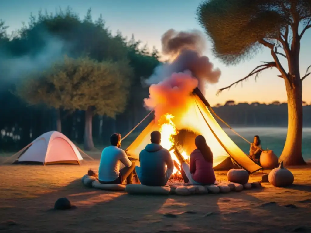 Amistad y mate alrededor de la fogata en campamento uruguayo Grupo de amigos disfrutando alrededor de fogata en Uruguay, compartiendo mate