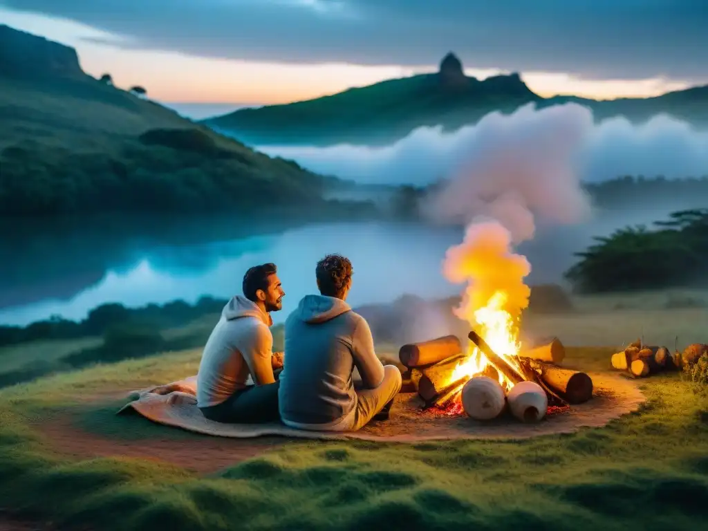 Camping con amigos al atardecer en Uruguay: instantánea acogedora Grupo de amigos disfrutando de fogatas instantáneas para camping en Uruguay al anochecer, rodeados de naturaleza y calidez