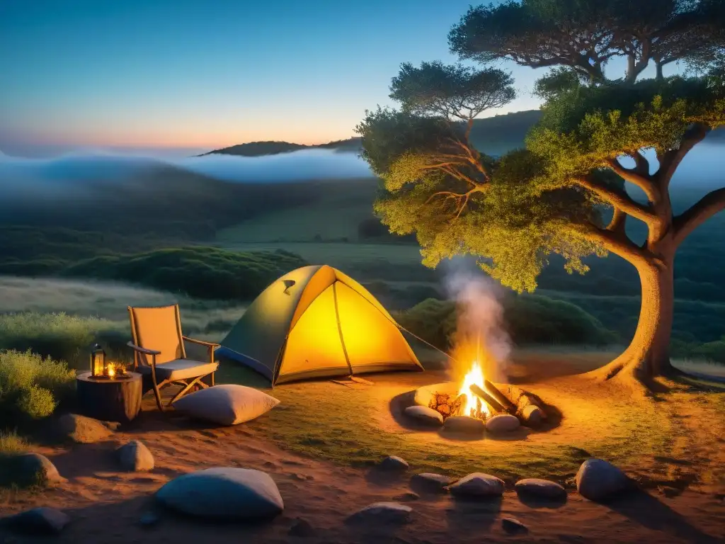 Camping mágico entre amigos al atardecer en Uruguay Grupo de amigos compartiendo historias alrededor de fogata en área de conservación en Uruguay