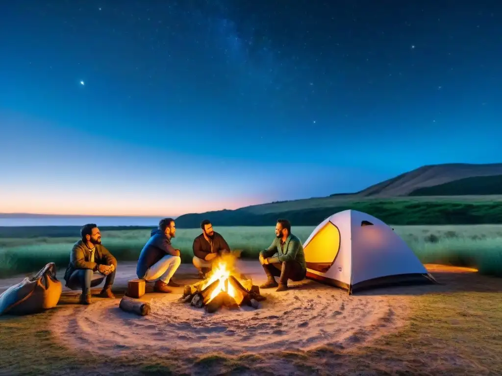 Campamento bajo las estrellas en Uruguay Grupo de amigos junto a fogata en campamento en Uruguay, con cielo estrellado y cámaras instantáneas para camping en Uruguay