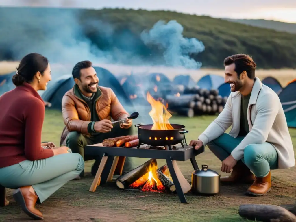 Amigos disfrutan fogata y cocina portátil en camping en Uruguay Un grupo de amigos disfruta de una noche acogedora alrededor de una fogata en un camping en Uruguay, con cocinas portátiles cerca