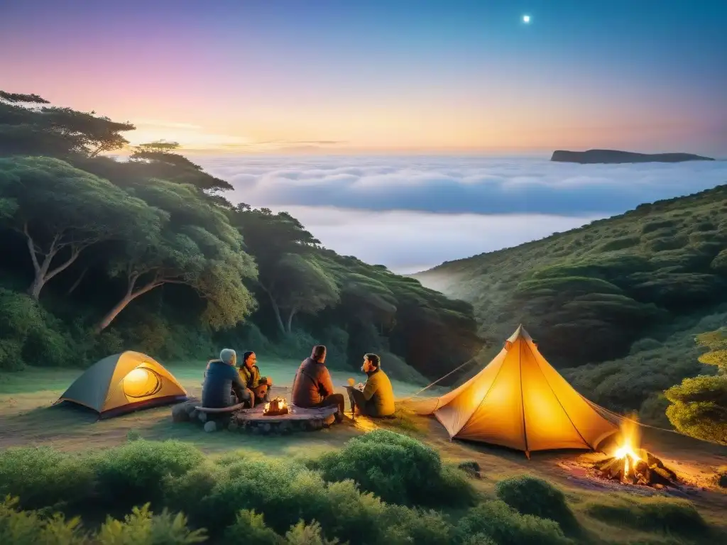 Noche de camping en Uruguay: amigos alrededor de la fogata Grupo de amigos disfrutando de una noche de camping en Uruguay, rodeados de naturaleza y estrellas