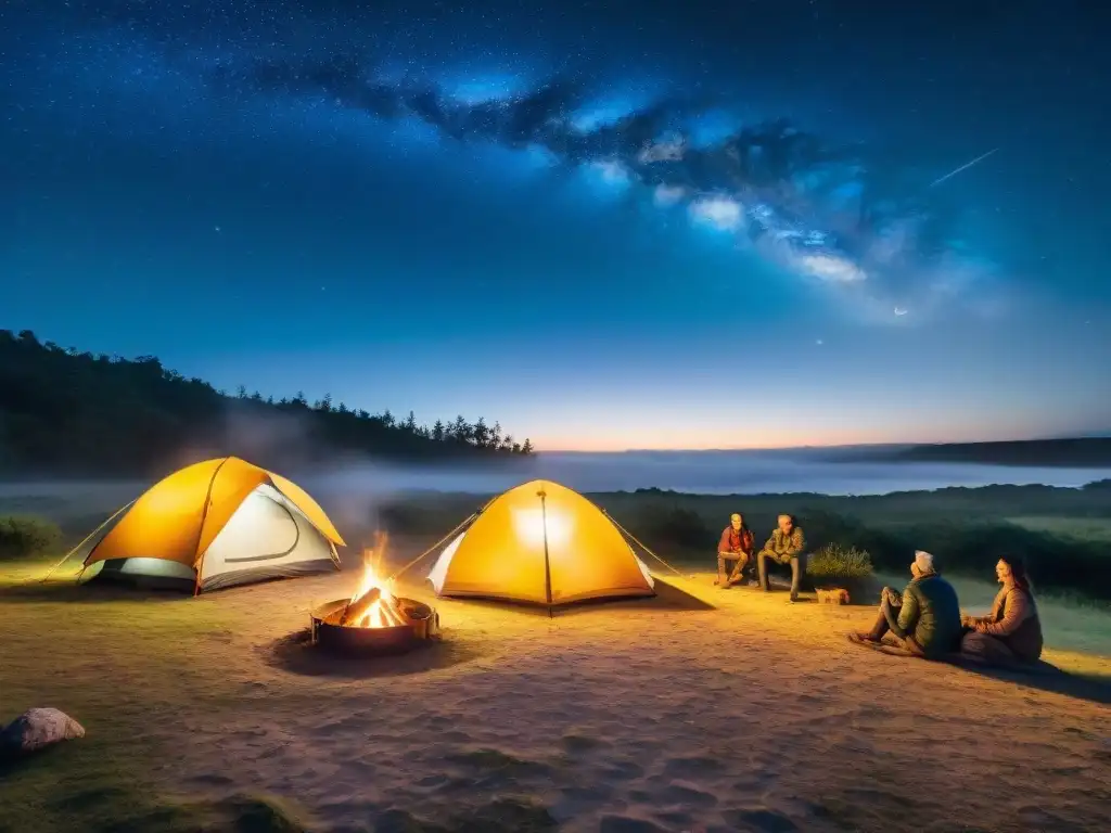 Campamento bajo las estrellas en Uruguay: seguro y disfrutable Grupo de amigos disfrutando de una noche de camping segura y alegre en Uruguay, resaltando la importancia del seguro de viaje para acampar