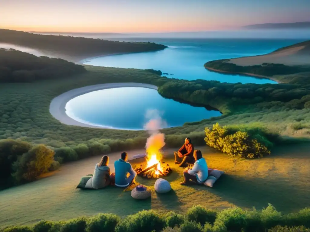 Camping al atardecer en Uruguay: amigos, fogata y naturaleza Un grupo de amigos disfruta de una noche de camping en Uruguay, junto a la fogata, rodeados de naturaleza