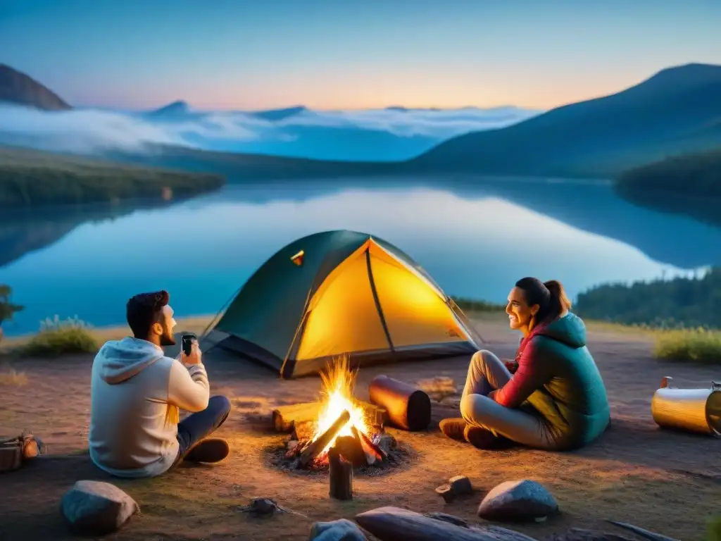 Noches de aventura: Amigos alrededor de fogata en camping Un grupo de amigos disfruta de una noche de camping alrededor de una fogata, con la palabra clave 'Milanesa a la parrilla camping'