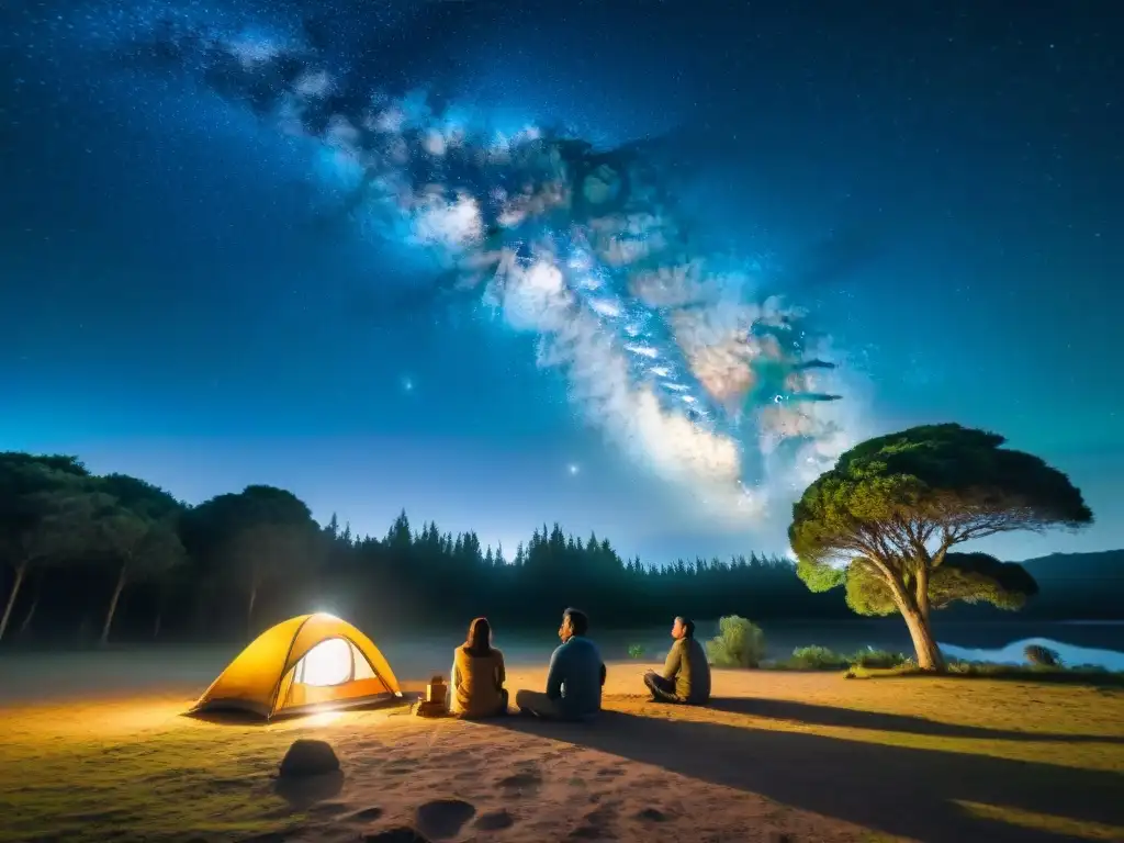 Campamento estelar en Uruguay: amigos bajo la Vía Láctea Grupo de amigos disfrutando de una noche estrellada en un camping en Uruguay, creando una atmósfera de desconexión digital
