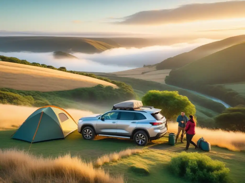 Aventura al atardecer: amigos arman carpa en el campo uruguayo Grupo de amigos montando tienda de techo al atardecer en el campo uruguayo