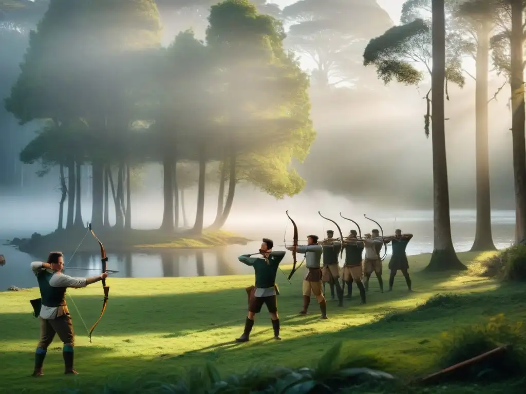 Arqueros en la naturaleza: precisión y determinación en Uruguay Grupo de arqueros concentrados en un campamento en Uruguay, mostrando destreza y precisión
