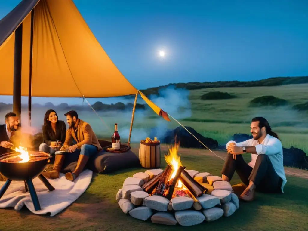 Experiencia única: Asado de lujo en Uruguay bajo las estrellas Grupo disfruta asado uruguayo bajo las estrellas en glamping de lujo en Uruguay