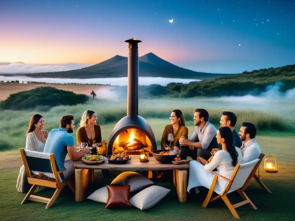 Experiencia de lujo: Asado bajo las estrellas en Uruguay Grupo disfrutando de un asado uruguayo bajo las estrellas en un lujoso glamping en Uruguay: tradiciones locales