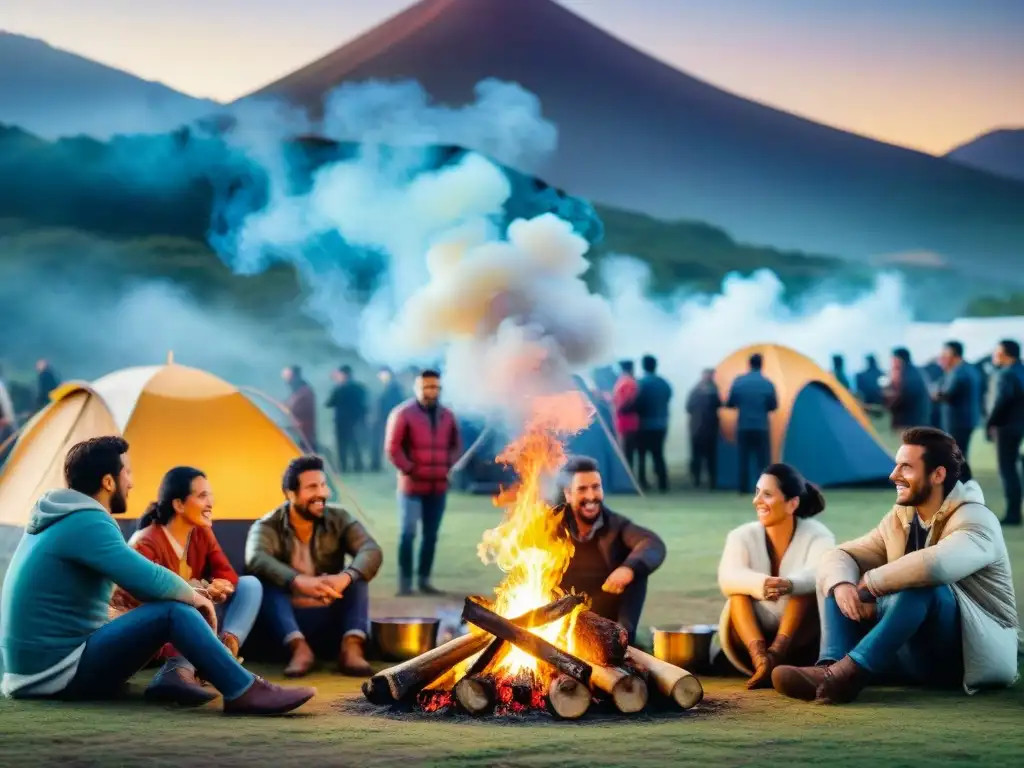 Encanto nocturno: Asado y comunidad en festival gastronómico uruguayo Grupo disfruta de asado uruguayo alrededor de fogata en festival gastronomía camping Uruguay