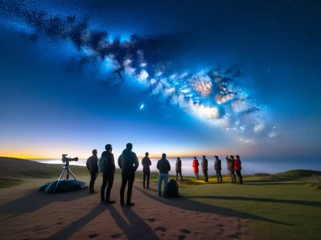 Emocionante noche de observación de estrellas en Cabo Polonio, Uruguay Grupo de astrónomos aficionados montando telescopios bajo el cielo estrellado en Cabo Polonio, Uruguay