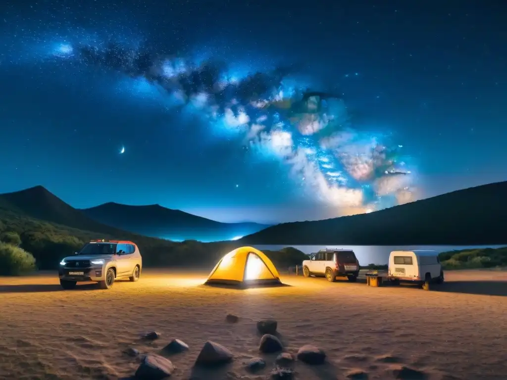 Astrocamping bajo el cielo estrellado de Uruguay Grupo de astrónomos aficionados preparando telescopios junto a fogata en camping, fotografiar cielo nocturno Uruguay camping