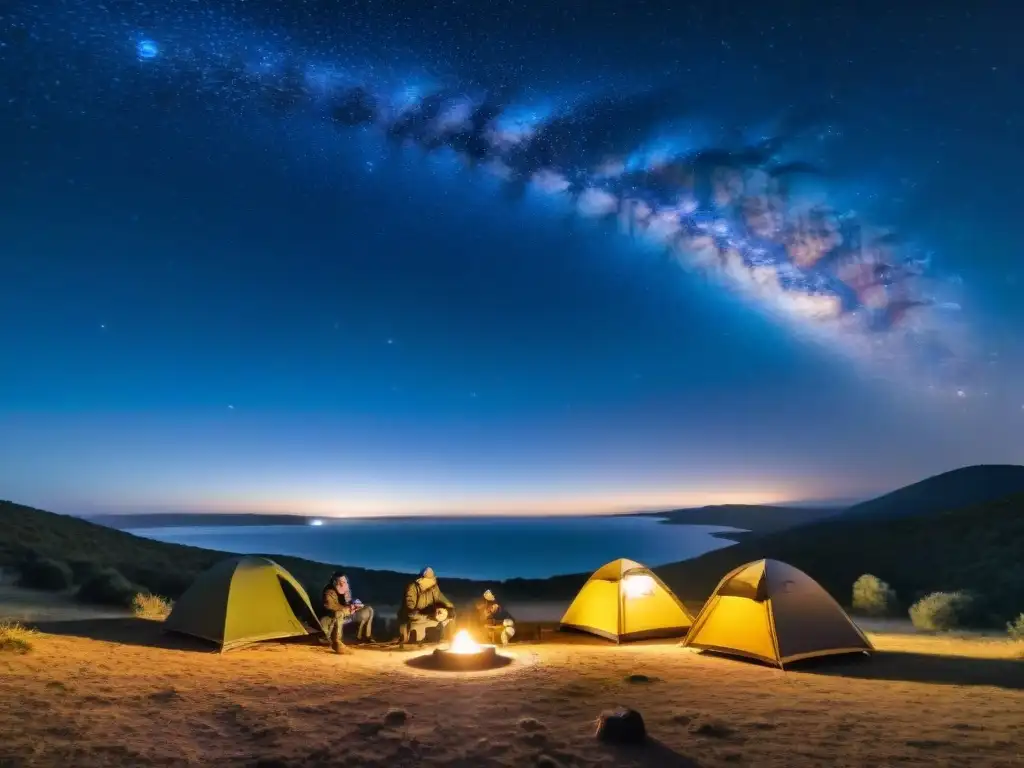 Emocionante noche de observación de estrellas en Uruguay Grupo de astrónomos aficionados montando telescopios bajo el cielo estrellado en un campamento remoto en Uruguay
