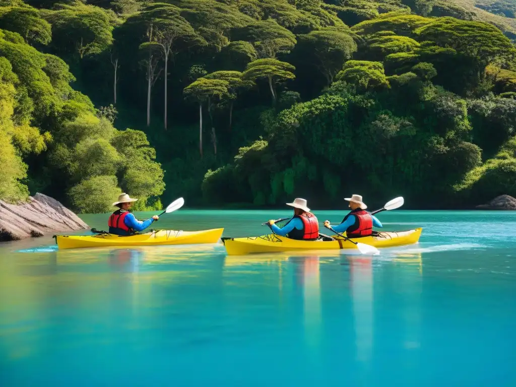 Emoción en Laguna Garzón: Kayak entre naturaleza uruguaya Un grupo de aventureros remando en kayak por las aguas de Laguna Garzón en Uruguay, rodeados de exuberante vegetación y bajo un cielo azul