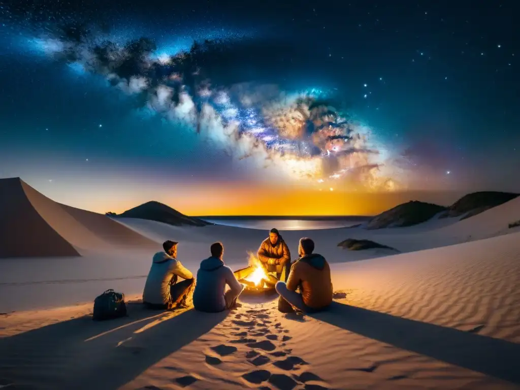 Noches mágicas en Cabo Polonio: Campamento bajo las estrellas Grupo de aventureros acampando en Cabo Polonio sin electricidad, rodeados de fuego y estrellas