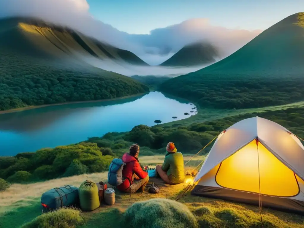 Campamento aventurero en Uruguay: exploración en la naturaleza Grupo de aventureros montando campamento en paisajes naturales de Uruguay