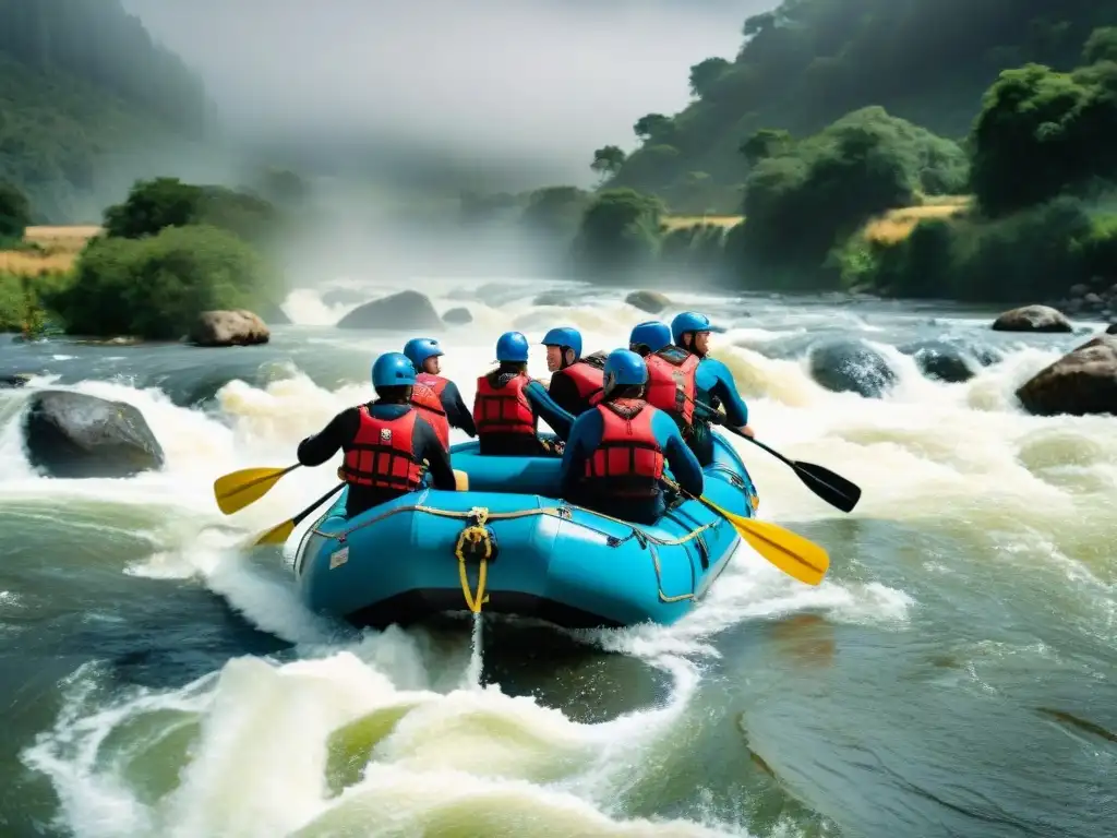 Emoción en Uruguay: Aventureros en rápidos Grupo de aventureros navegando emocionados por rápidos en Uruguay