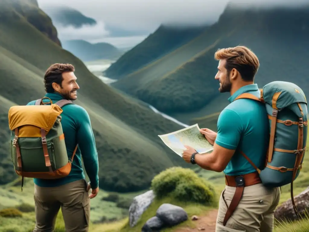 Preparativos de aventura en el bosque de Uruguay Un grupo de aventureros preparándose para una emocionante expedición en Uruguay, con paquetes turismo aventura Uruguay